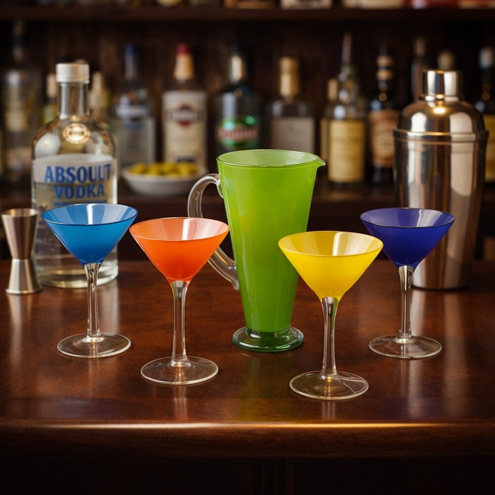 MARTINI PITCHER/GLASSES -- Set of 5, Green Pitcher, 4 Colored Glasses, Vintage